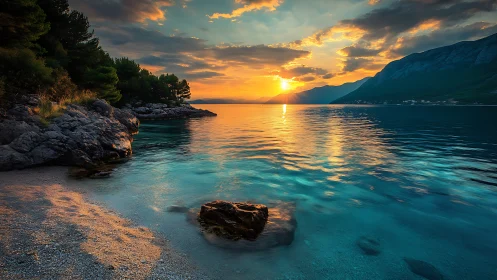 Rocky coast sunset over calm turquoise bay waters.