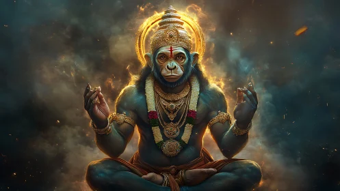 Divine blue simian deity meditates within golden fire halo