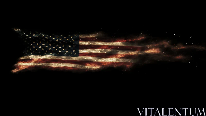 Distressed United States flag dissolving into embered particles.