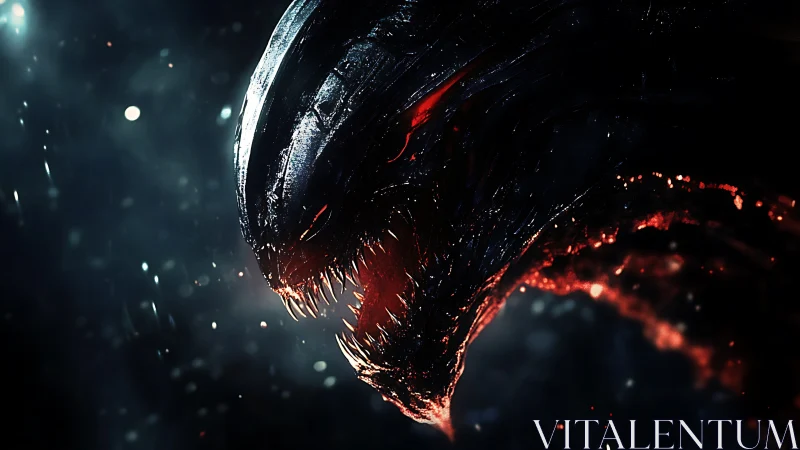 Nightmarish alien predator head in fiery side profile.