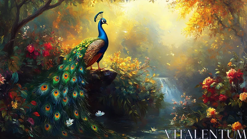 Peacock on mossy rock in luminous floral waterfall glade.