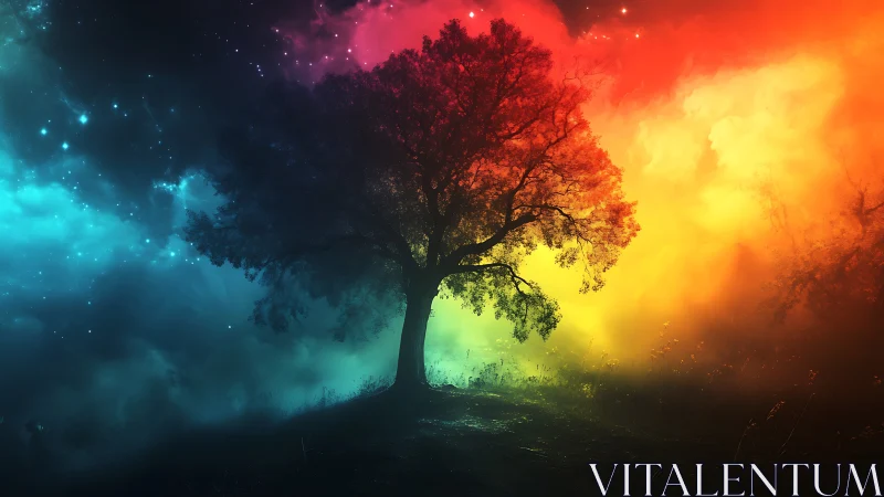 Solitary cosmic tree glows within a radiant rainbow nebula.