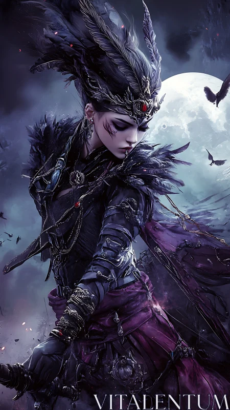 Dark winged sorceress commands stormlit moonlit battlefield