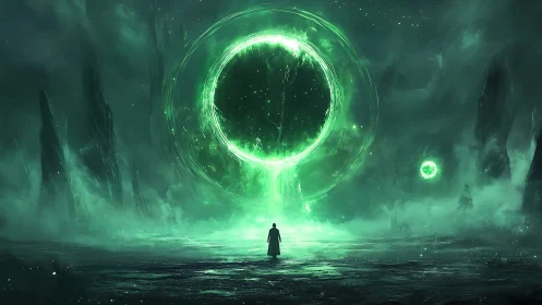 Solitary figure confronts vast green cosmic energy portal