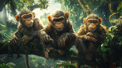 Three young chimpanzees rest on mossy jungle branch