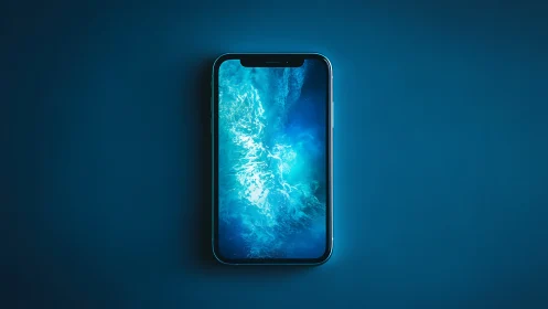 Smartphone displaying bioluminescent water texture on blue background