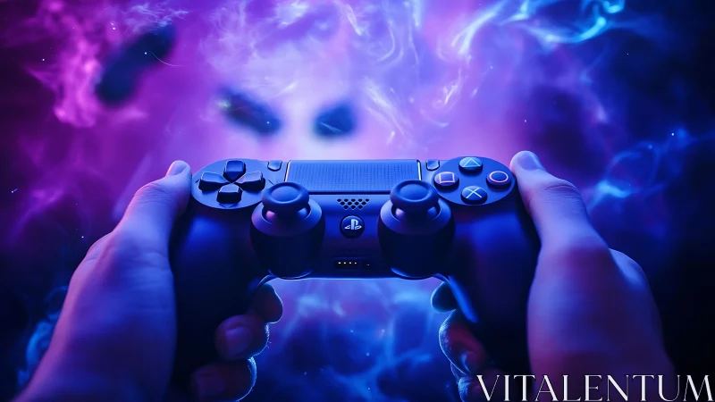 Game controller glows against ethereal neon nebula backdrop
