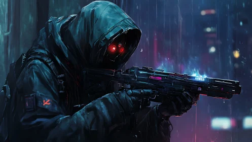Hooded cybernetic marksman holding rifle in rainy city night.