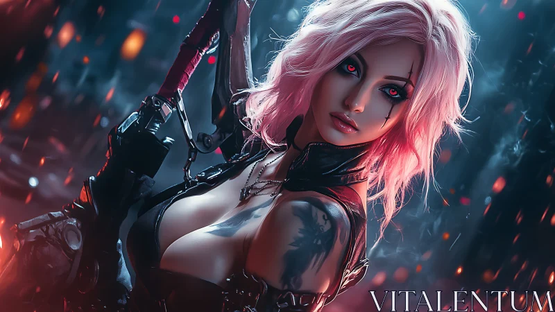 Cybernetic rogue with neon hair amid ember-saturated dusk.