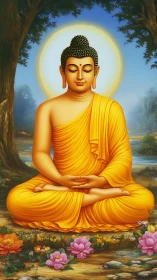 Serene seated Buddha in radiant golden robes amid lotuses.