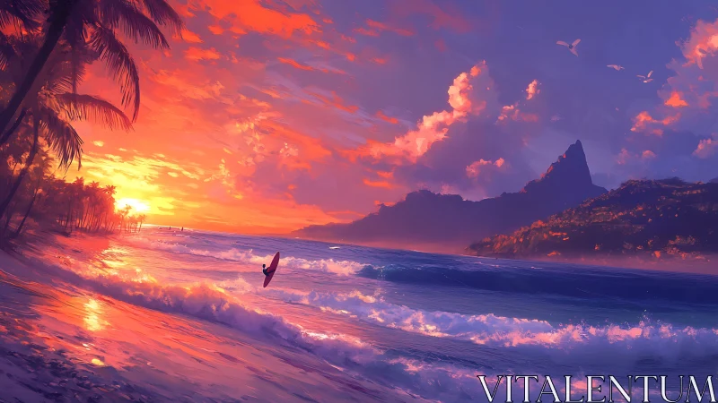 Tropical surf shoreline at sunset with vivid magenta sky