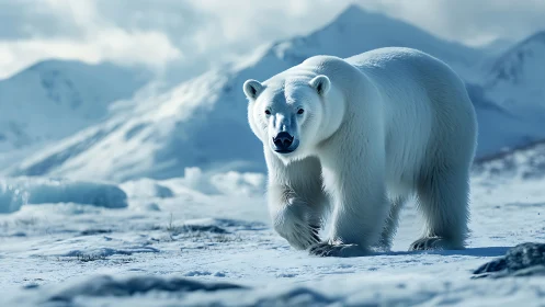 Polar bear wandering through quiet blue Arctic mountainscape.