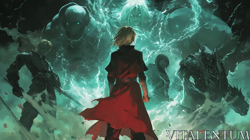 Young hero stands firm before swirling spectral warriors.