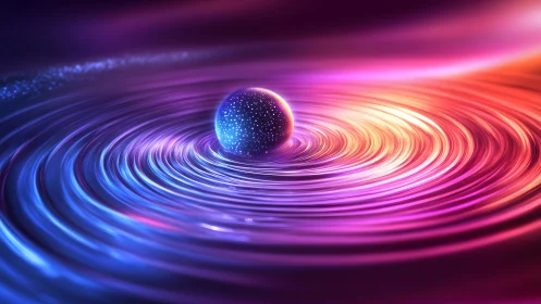 Glowing Sphere on Vibrant Rippling Surface in Abstract Digital Art.