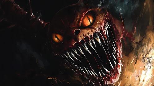 Demonic beast lunges from burning darkness with razored jaws