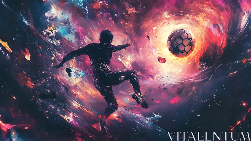 Soccer player kicks glowing ball in swirling cosmic vortex.