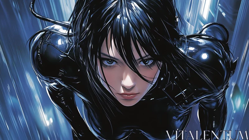 Cyber assassin dives through neon corridors, eyes blazing.