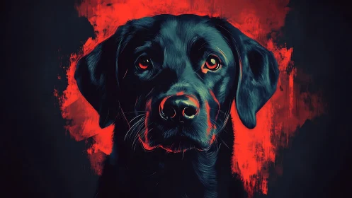 Digital portrait shows black dog against red abstract field