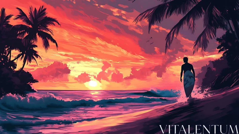 Surfer silhouette on tropical shoreline at vivid sunset.