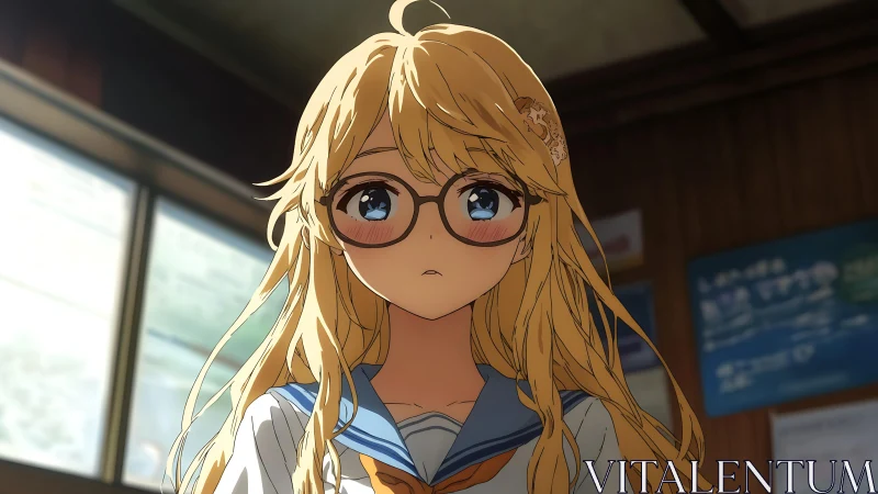 Blonde student with glasses in uniform indoors, anime style.