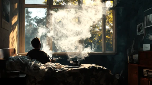 Solitary figure exhales swirling smoke in warm window light.
