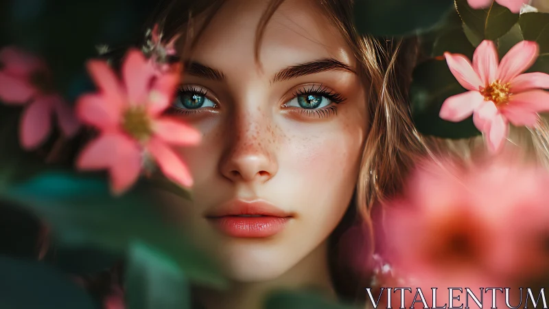 Blue-eyed daydream framed in wild pink garden blossoms.