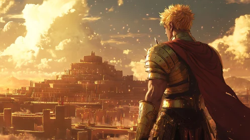 Armored warrior observing vast golden tiered city at dusk