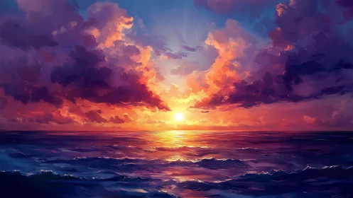 Sunset blaze ignites tranquil ocean under vivid clouds.