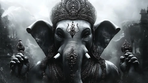 Monochrome high-relief elephant deity bust with ornate regalia