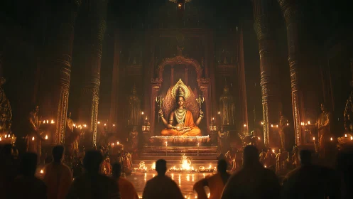 Central multi-armed deity statue in torchlit temple hall.