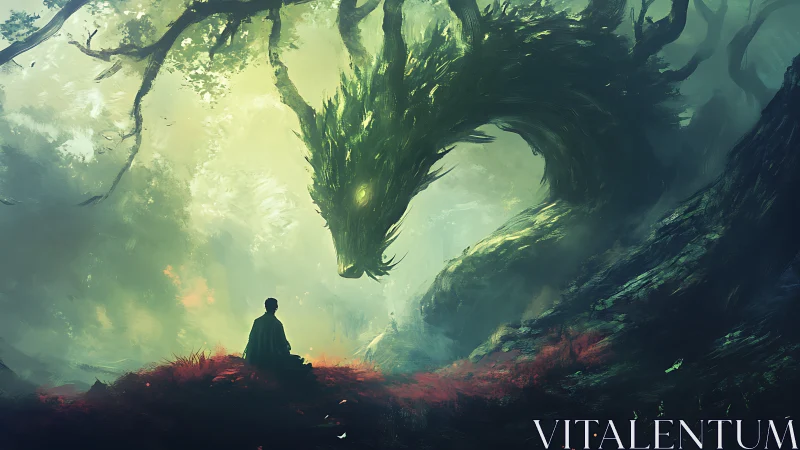 Human figure faces large dragon-like spirit in misty forest