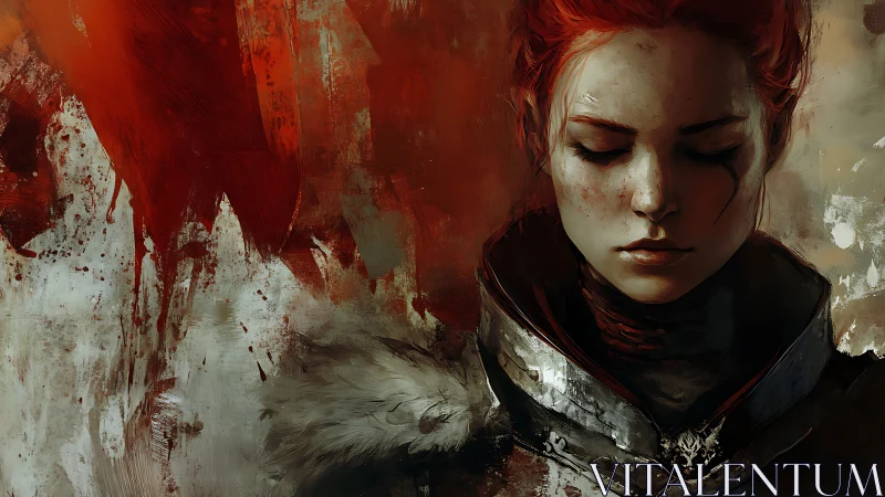 Battle-scarred red-haired warrior in abstract chromatic shrapnel.