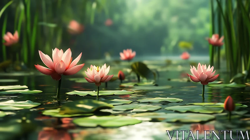 Soft dawn lotus chorus drifting across a misty green pond.