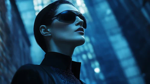 Person in dark sunglasses in blue-toned urban environment.