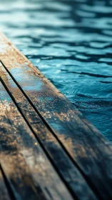 Wet wooden pier edge beside rippling teal water at sunset.