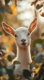 White baby goat portrait in warm forest bokeh light.