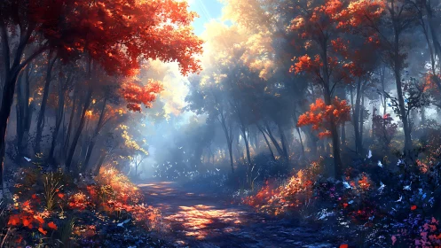 Forest pathway with autumn foliage and atmospheric lighting effects.
