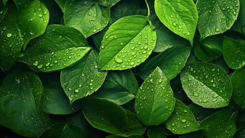 Lustrous green leaves layered with crystal rain droplets.