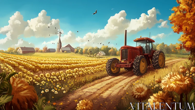 Autumn farmfield panorama with red tractor and cumulus cloudscape.