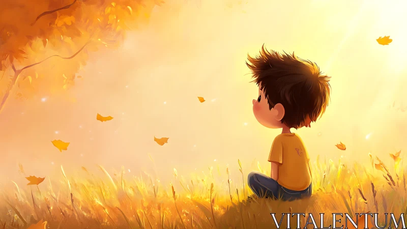 Child quietly daydreams in a golden autumn sunrise field