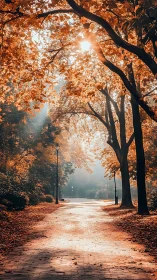 Photorealistic autumn tree tunnel with luminous brick pathway.