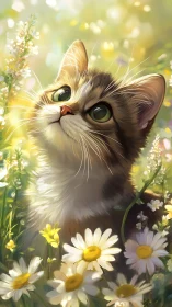 Backlit tabby kitten among daisies rendered with soft bokeh lighting