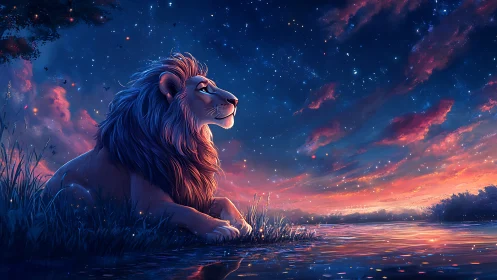 Starry riverbank dreams with a gentle twilight lion.