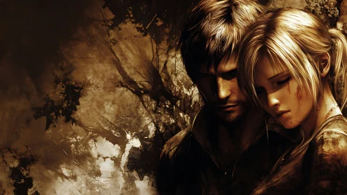 Somber warrior couple in sepia-toned emotional embrace.