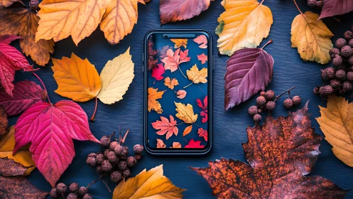 Smartphone lies amid vivid autumn leaves on dark backdrop