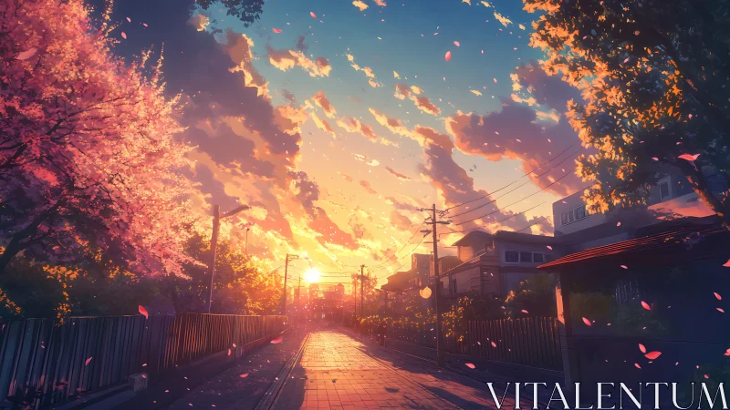 Anime sunset street under cherry blossoms in spring glow.