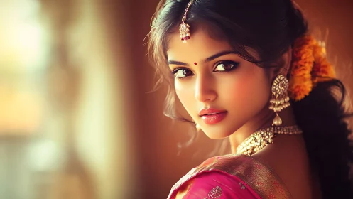 Elegant Indian woman in traditional attire, soft glowing portrait.