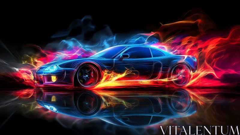Neon firestorm coupe streaking through midnight reflections.