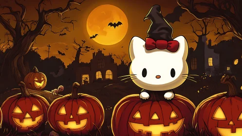 Hello Kitty Rendered in Halloween Pumpkin Patch Scene with Full Moon