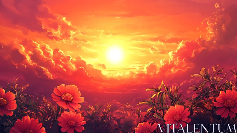 Blazing sunset bathes wildflowers in radiant orange light
